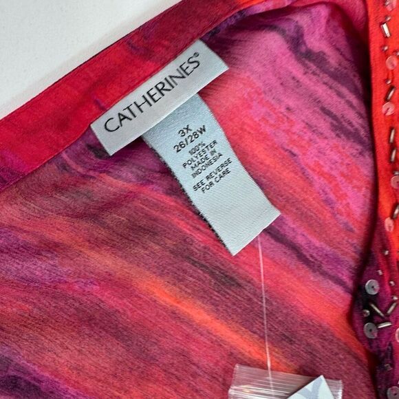 Catherine's Shirt Womens 3X Red Sheer Tunic Top Beaded Flowy Asymmetric Hem New - Picture 3 of 10